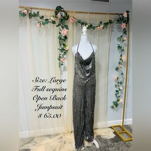 Elegant Silver Sequin Backless Jumpsuit